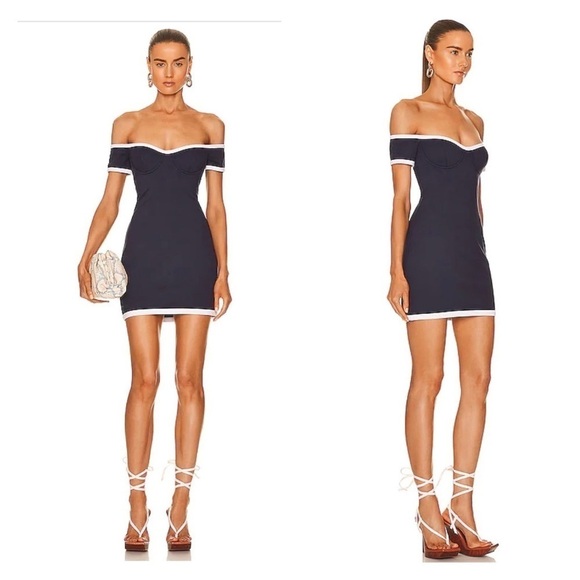 NWT STAUD Gabrielle Navy Blue Off the Shoulder Bodycon Mini Dress Large - Picture 1 of 12
